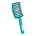 Turquoise hairbrush with black bristles on a white background