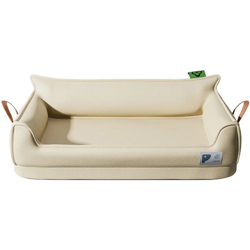 Beige pet bed with brown handles on a white background