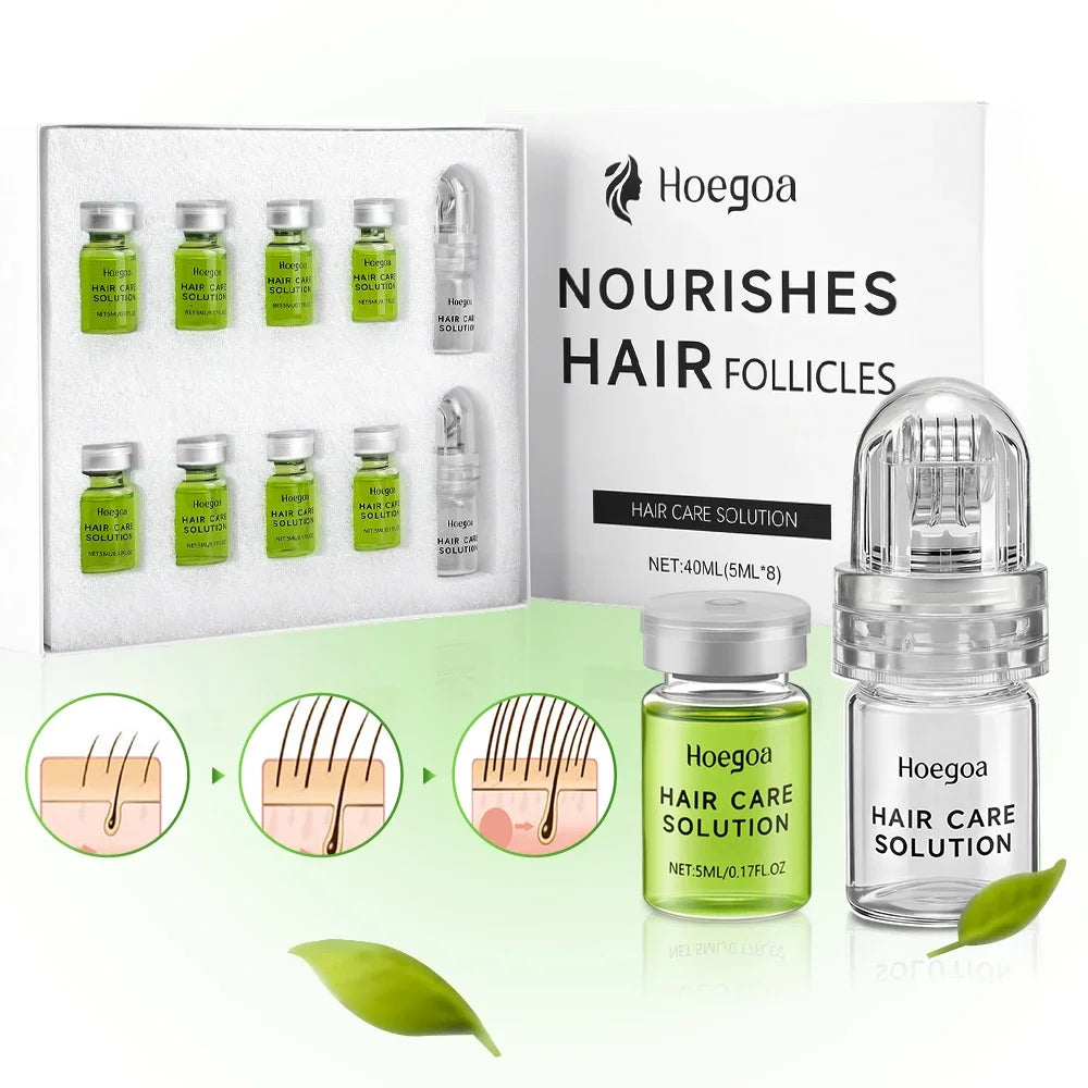 Hoegoa hair care solution packaging with bottles and box on a white background