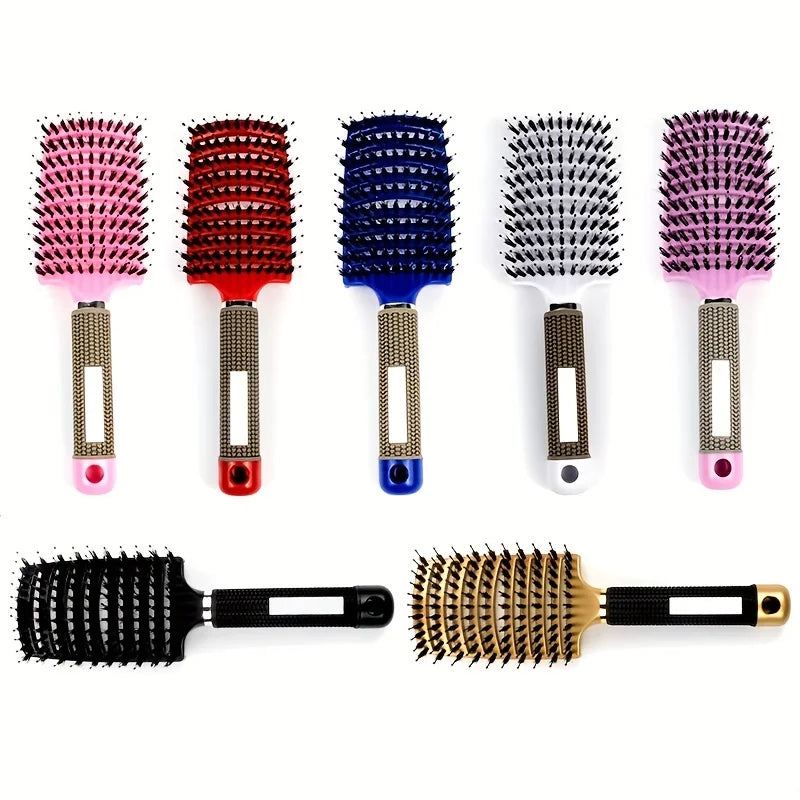 Set of eight hairbrushes with various designs and colors on a white background