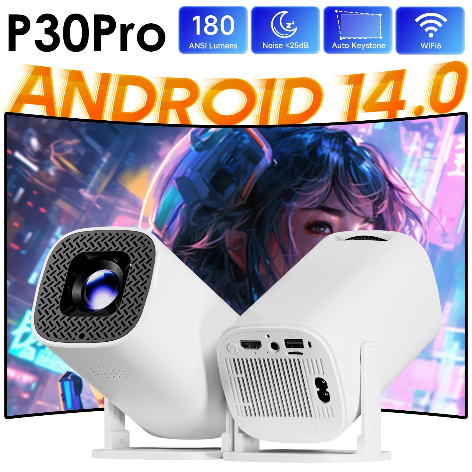 Smart Mini Projector P30 Pro — Android 14, WiFi 6, 4K Support, Home Theater