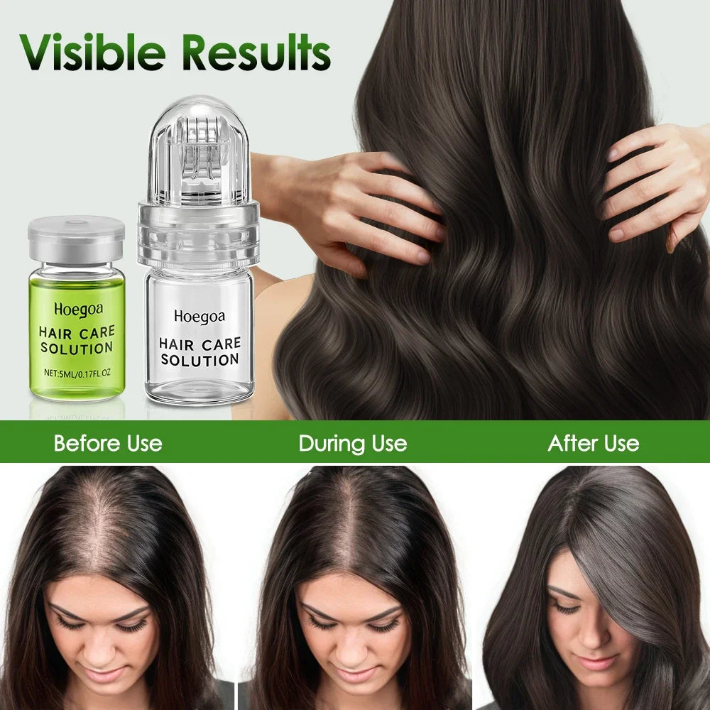 Hair care solution with before, during, and after use comparisons on a white background.