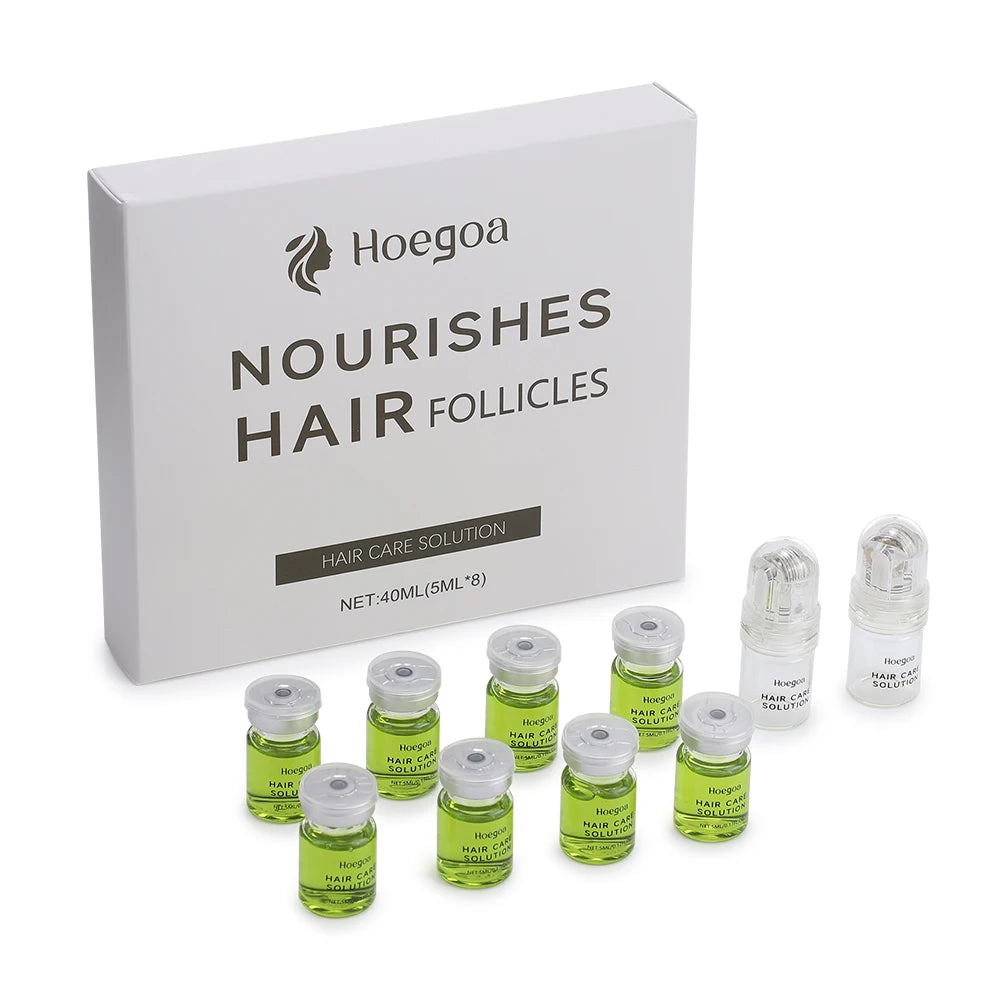 Hair care solution packaging with multiple bottles and a box labeled 'Hoegoa' on a white background.