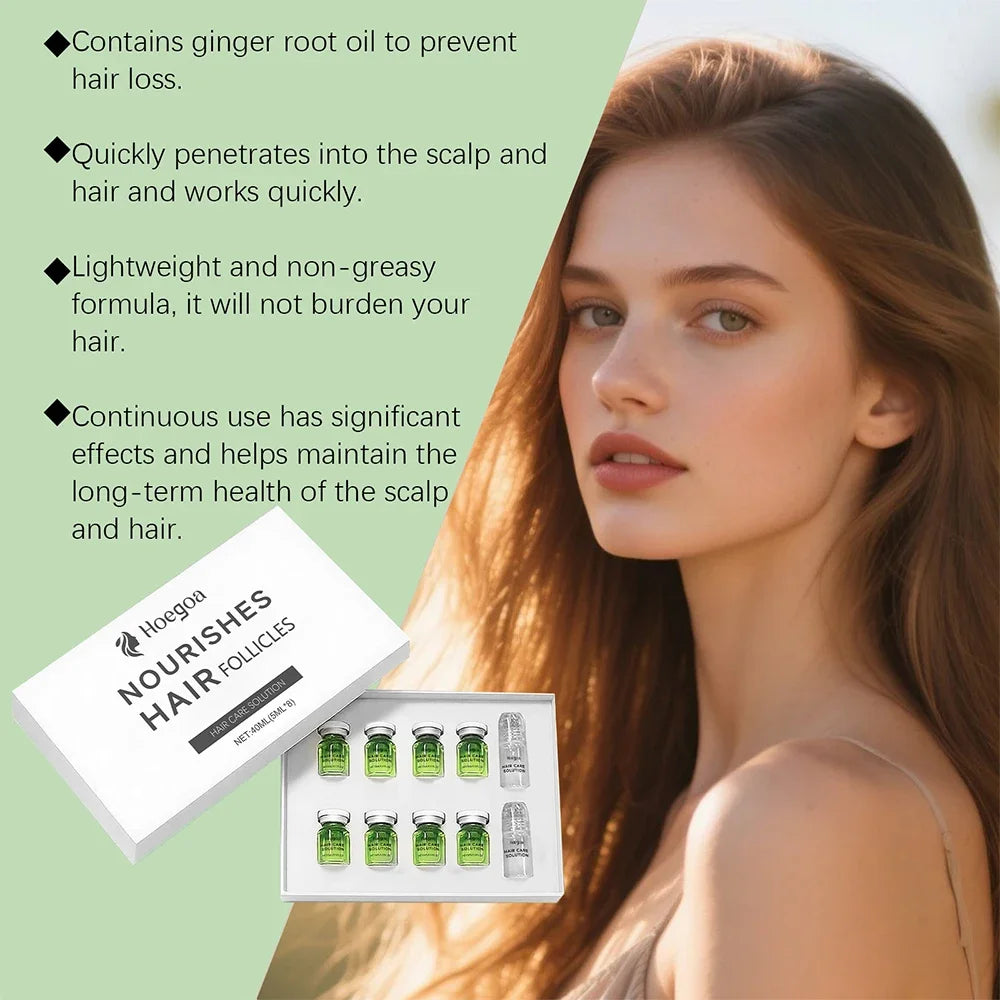 Woman with long hair next to a box of Roogaa Nourishes Hair Follicles with product details on a green background.