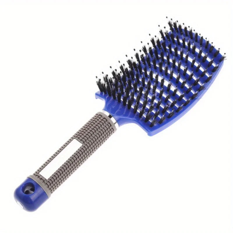Blue and silver pet grooming brush on a white background