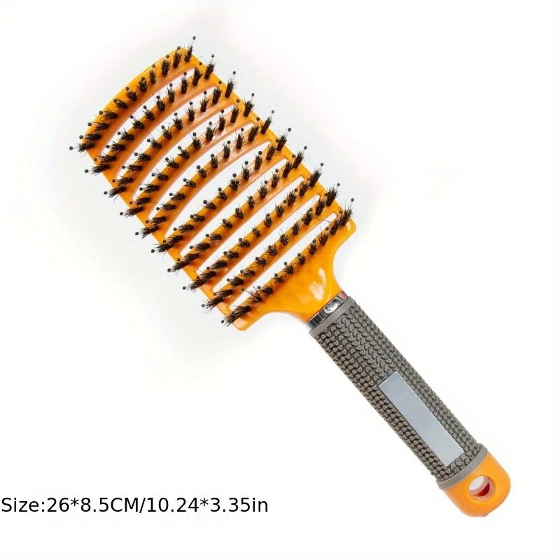 Hairbrush with orange handle and black bristles on a white background