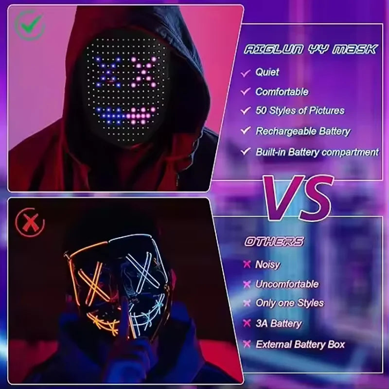 LED Light-Up Face Mask — Gesture Sensing, 50 Animations, Halloween & Cosplay