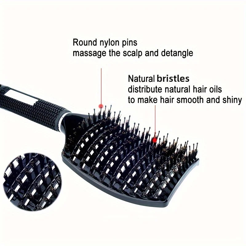 Black hairbrush with round nylon pins and natural bristles on a white background