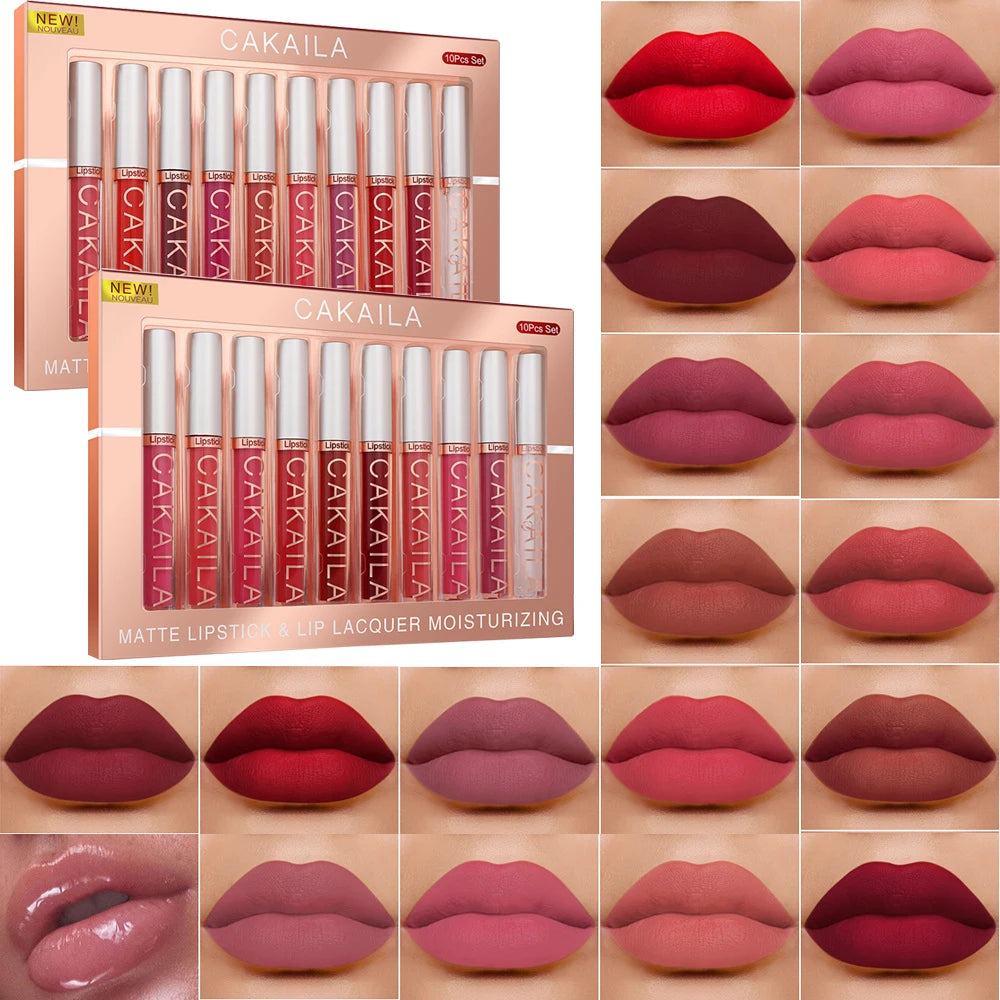 Gakaila lipstick set with various shades displayed on lips