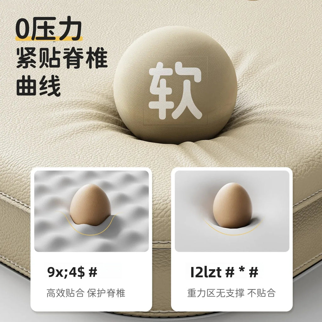 Round cushion with text on a beige surface, showing close-up images of an egg with measurements.