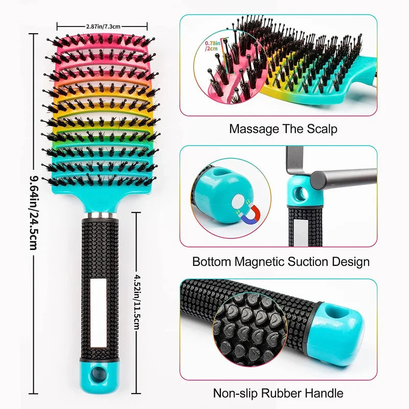 Multicolored hairbrush with massage head, magnetic suction design, and non-slip handle on a white background.