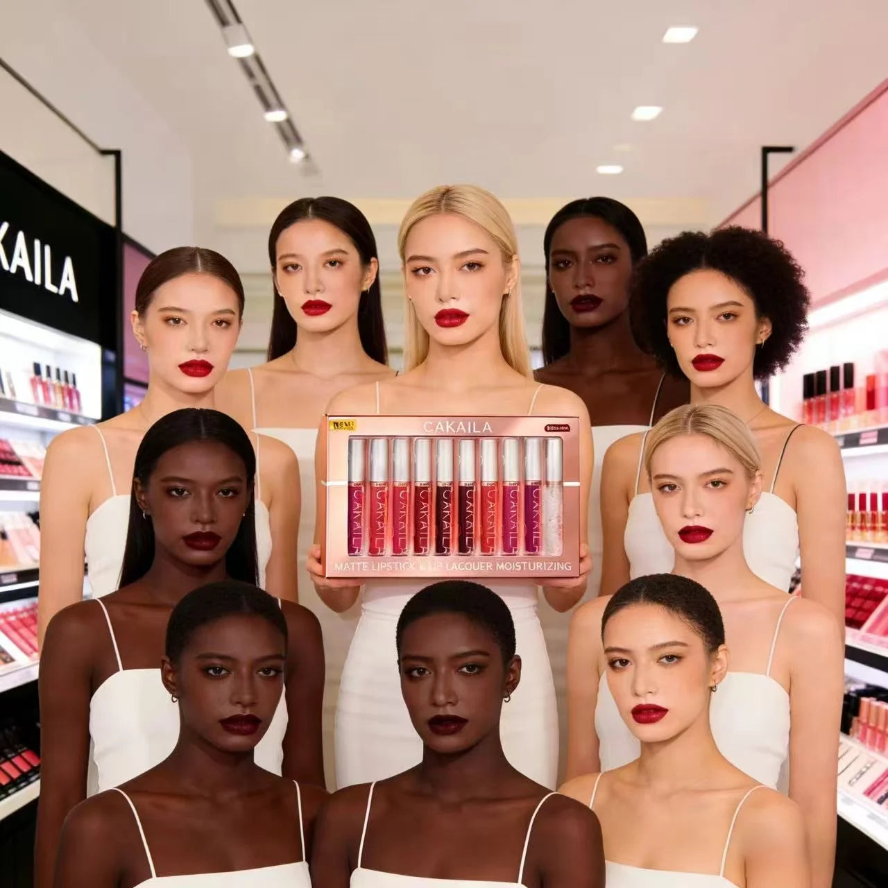 Group of models holding a Kaila lip gloss set in a store setting