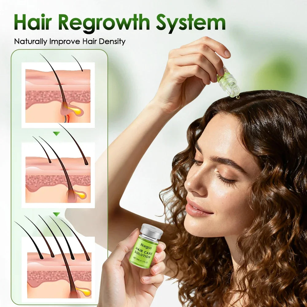 Woman using a hair regrowth system with close-up illustrations of hair growth on skin.
