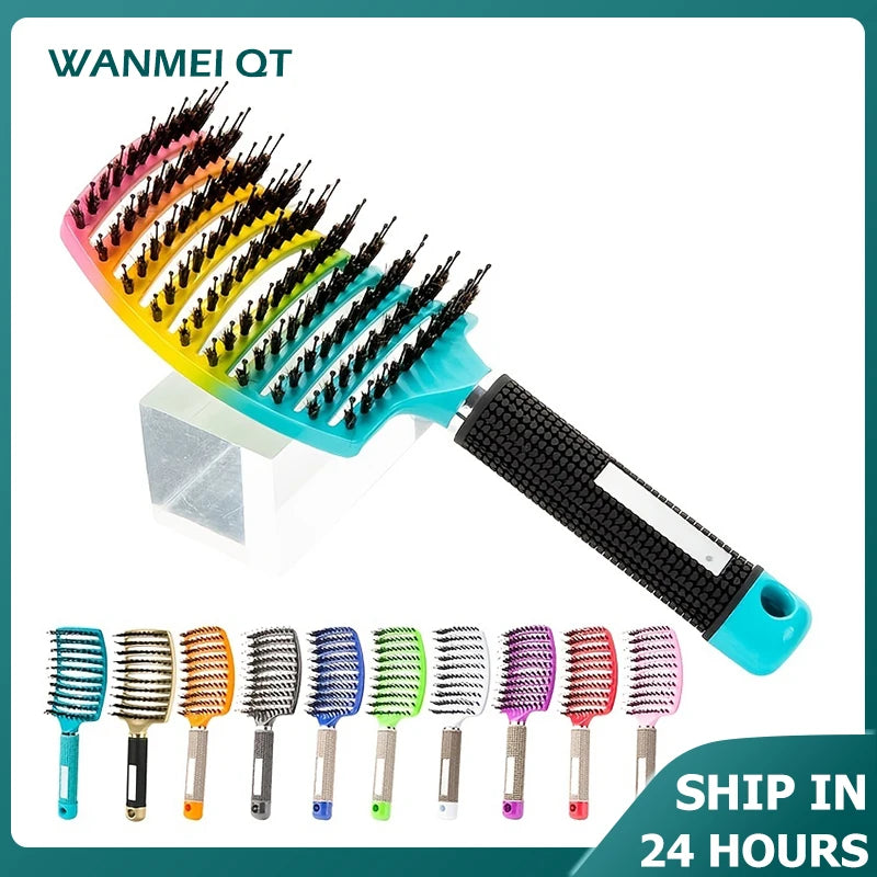 Colorful hairbrush with multiple bristle designs and a black handle on a white background.