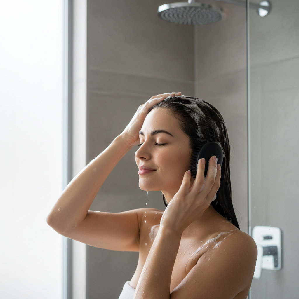 Woman washing her hair in a shower with a neutral background