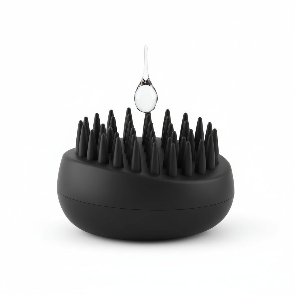 Black hair dryer diffuser with a hanging white hair tie on a white background